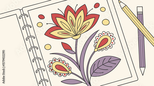Floral drawing in notebook with pencils coloring page for creative art therapy and relaxation activity