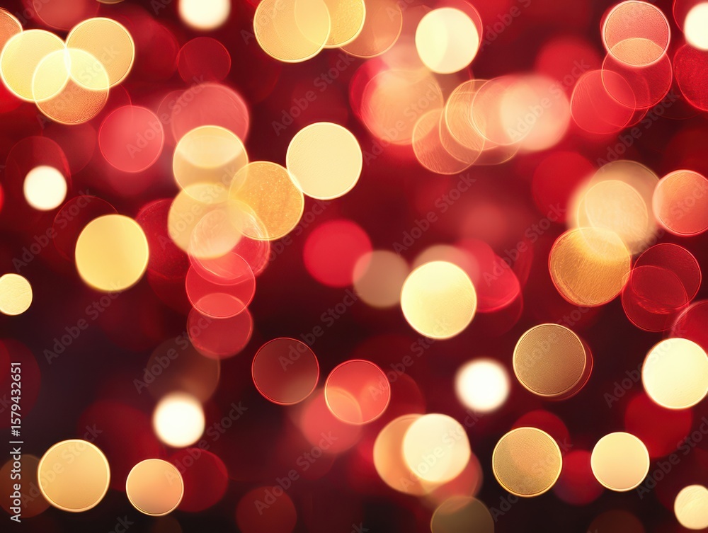 Fototapeta premium Warm red and gold bokeh lights create a festive, glowing abstract background with a soft, dreamy atmosphere.