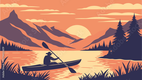 Kayaking adventure at sunset in mountain lake landscape for outdoor recreation and nature enthusiasts to enjoy
