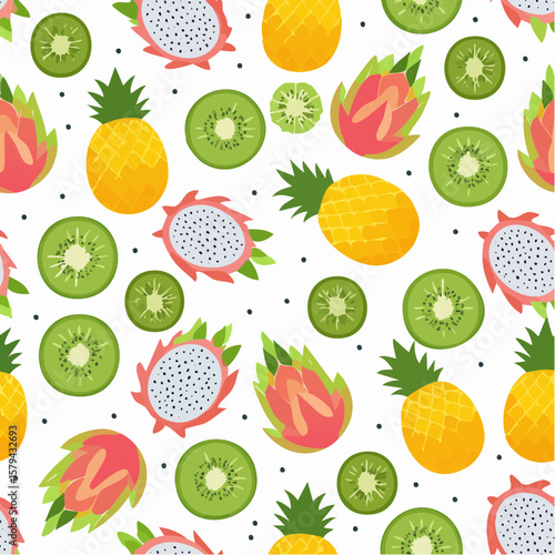 Colorful Tropical Fruit Pattern with Pineapples Kiwis and Dragon Fruit