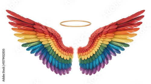 rainbow-colored angel wings with a golden halo isolated on a transparent background
