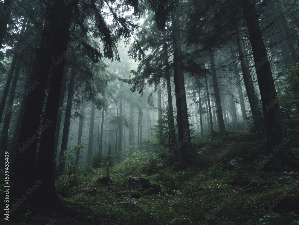 Fototapeta premium Foggy forest with mystical lighting, dark greens and greys