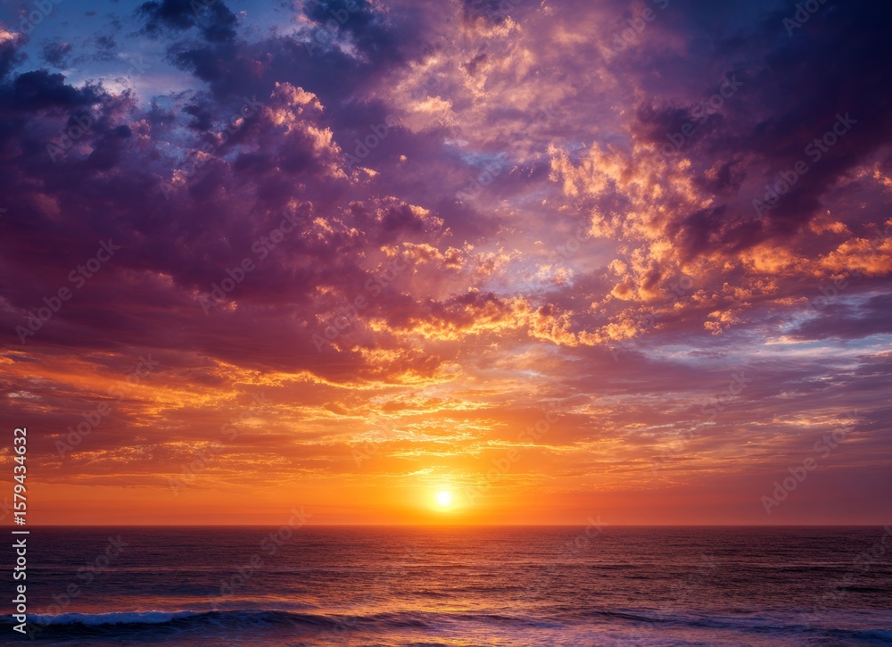 Fototapeta premium A beautiful sunset over the ocean with a colorful sky and the sun setting on the horizon.