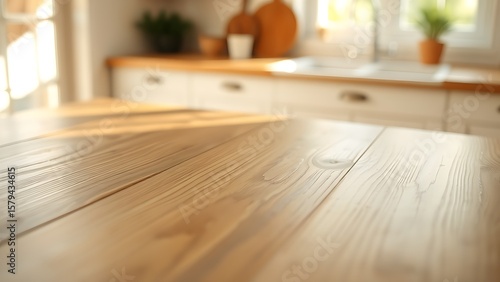 A natural wood table showcases subtle grain texture with a softly focused kitchen window in the background under morning light.