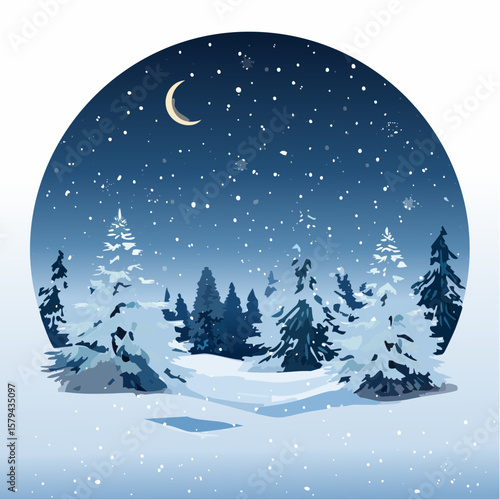 Winter Wonderland Scene with Snowy Trees and Crescent Moon