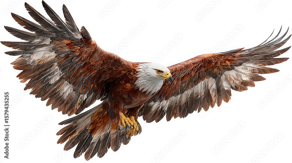 Fototapeta premium A majestic bald eagle soaring with its wings fully spread against a white background in full view