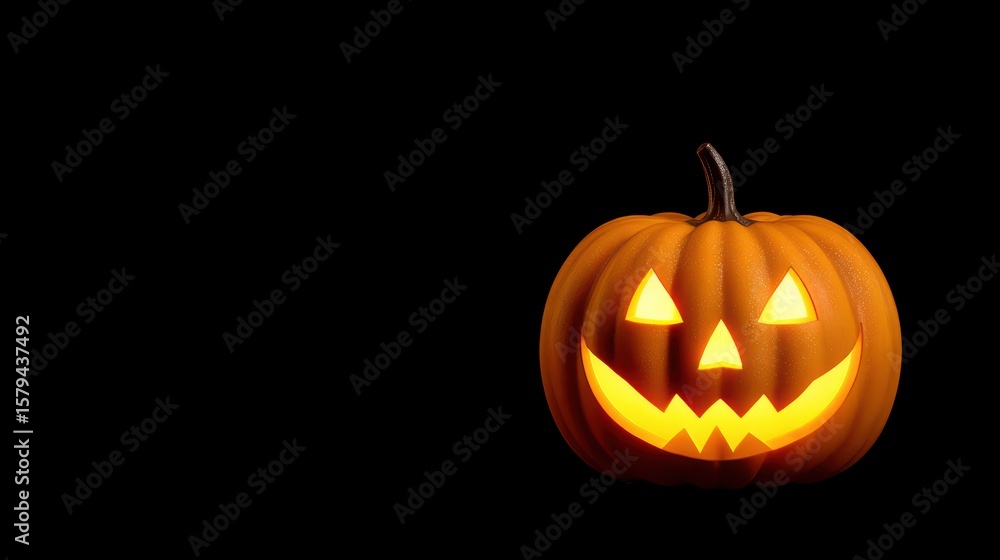 Jack-o'-lantern with glowing face on black background perfect for Halloween decorations and autumn festivities Jack-o'-lantern with glowing face on black background perfect for Halloween decorations and autumn festivities