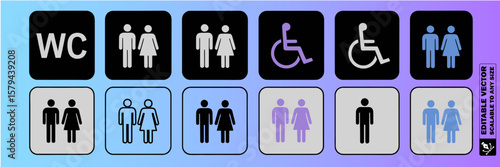 restroom signs including accessible unisex male and female icons on black and yellow squares