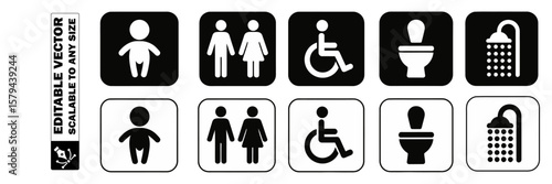 restroom signs including accessible unisex male and female icons on black and yellow squares