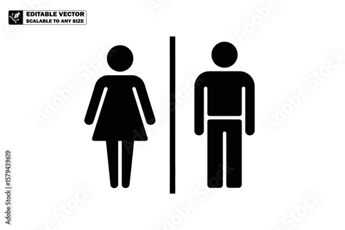 A black and white restroom sign with a woman and a man symbol separated by a vertical line