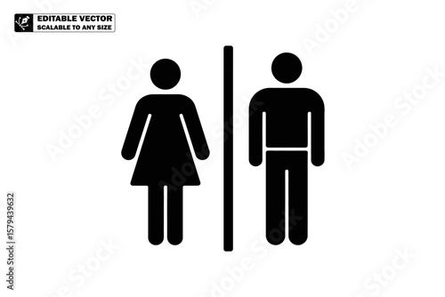 A black and white restroom sign with a woman and a man symbol separated by a vertical line