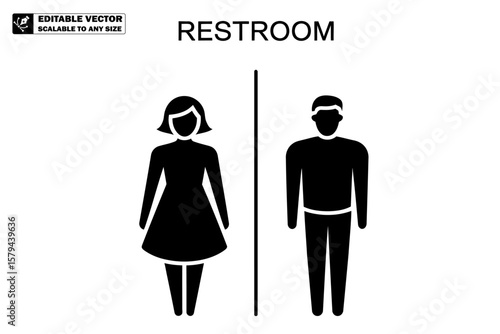 A black and white restroom sign with a woman and a man symbol separated by a vertical line