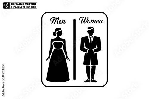 A black and white restroom sign with a woman and a man symbol separated by a vertical line