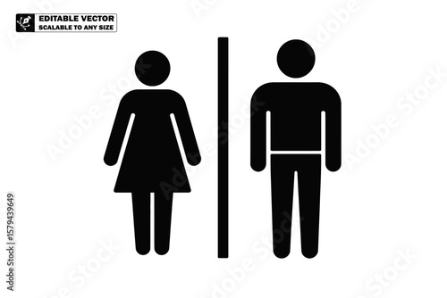 A black and white restroom sign with a woman and a man symbol separated by a vertical line