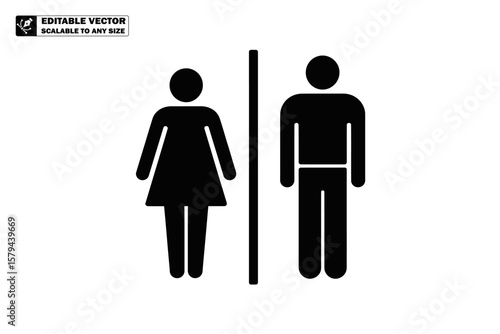 A black and white restroom sign with a woman and a man symbol separated by a vertical line
