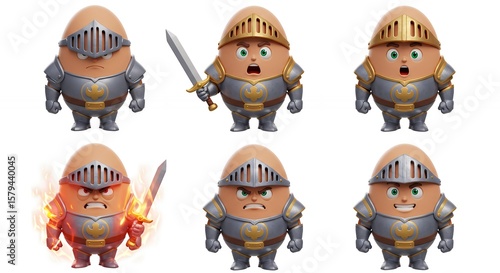 Cartoon egg knights set of expressions