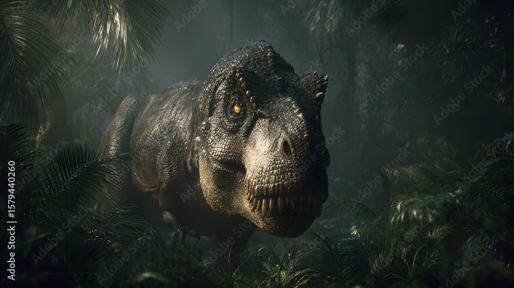 Fototapeta premium T rex dinosaur in jungle forest wallpaper hd tyrannosaurus rex background