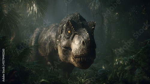 Fototapeta Naklejka Na Ścianę i Meble -  T rex dinosaur in jungle forest wallpaper hd tyrannosaurus rex background