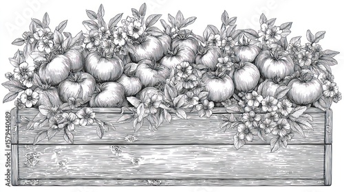 Ornamental planter box filled with apples and flowers