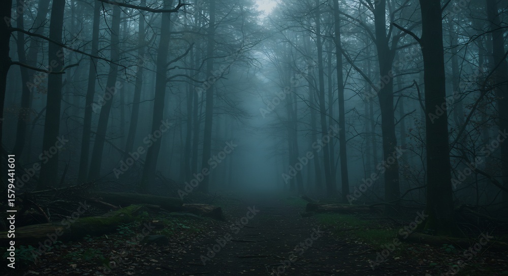 Fototapeta premium Eerie Forest Path: Atmospheric Fog, Mysterious Trees, Dark Moody Landscape.