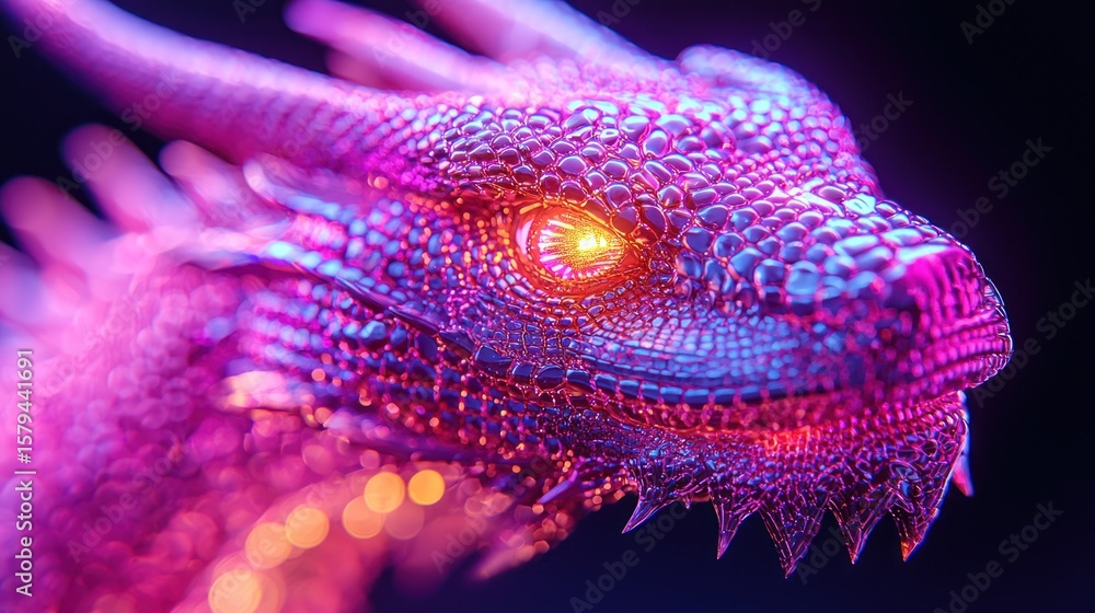 Obraz premium Glowing purple dragon head close-up, fantasy art, digital illustration, dark background