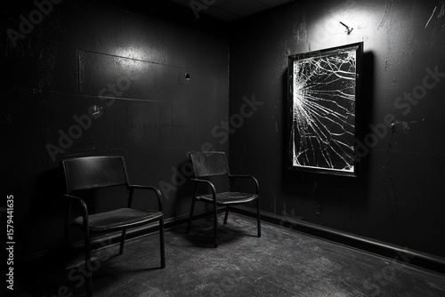 noir interrogation room with cracked mirror