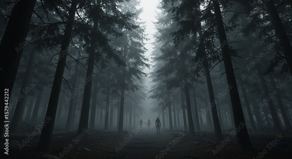Obraz premium Eerie Forest Path: Silhouetted Figures Walking into Misty Darkness.