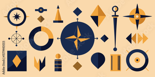 Vector art of a collection of nautical and navigational symbols including compasses, anchors, and directional elements.
