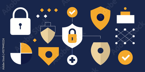Vector art of digital security icons including locks and shields connected in a network.