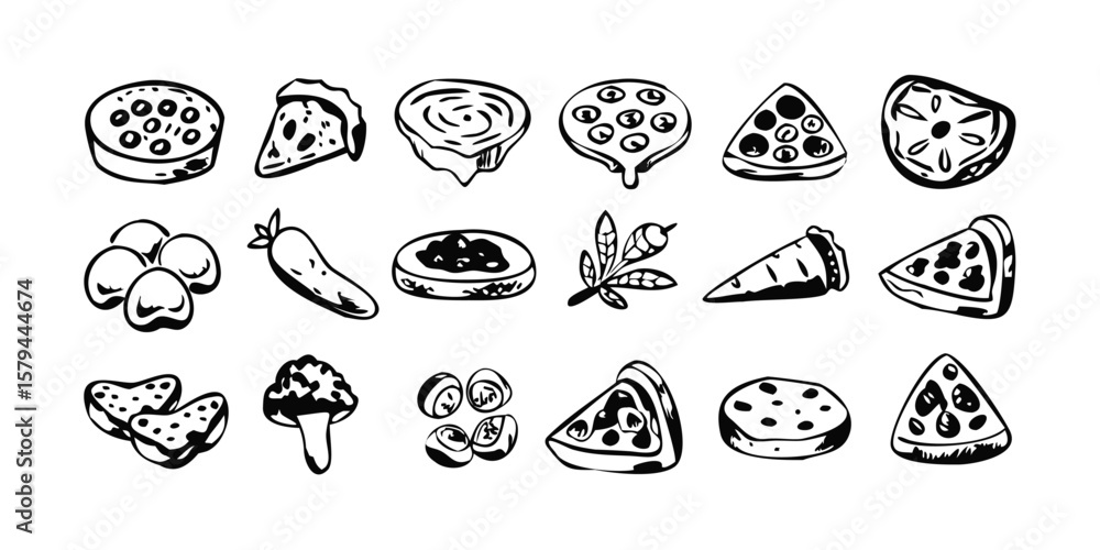 Collection of 12 Pizza Doodle Silhouette Variations Hand Drawn Style Food Illustration Italian Cuisine Restaurant Menu Design Elements on transparent background bundle unique pizza doodle Collection of 12 Pizza Doodle Silhouette Variations Hand Drawn Style Food Illustration Italian Cuisine Restaurant Menu Design Elements on transparent background bundle unique pizza doodle