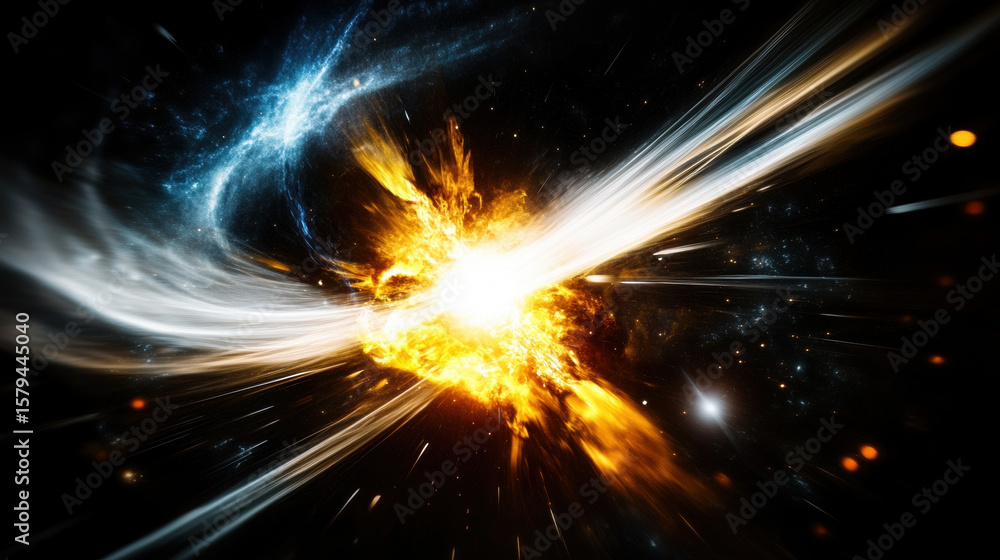 Fototapeta premium Vibrant cosmic explosion with fiery orange and white energy trails spiraling outward, set against deep space background with stars and glowing blue nebulae
