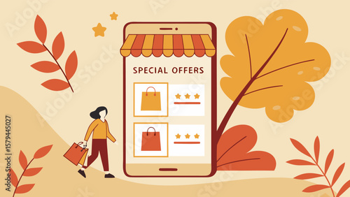 Illustration of a desk with a lamp, notebook, and coffee next to a window with a tree outside