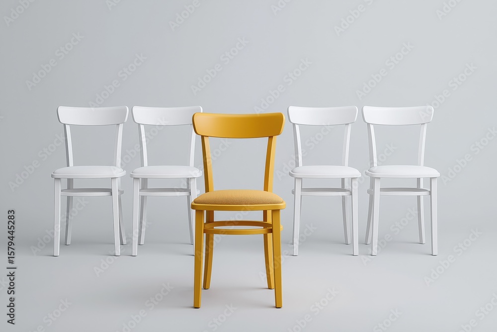 Fototapeta premium Yellow chair stands out among white chairs in minimalist grey setting
