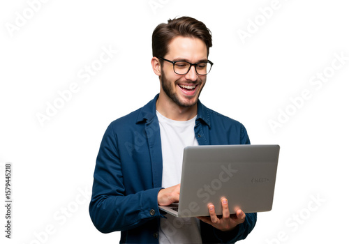 Smiling Young Man Using Laptop on White Background, Representing Modern Work and Digital Communication








