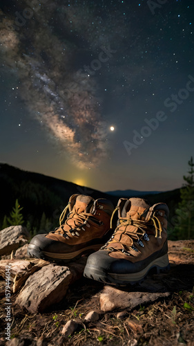 Hiking boots under starry sky Night adventure gear for mountain exploration and outdoor journeys under the stars.