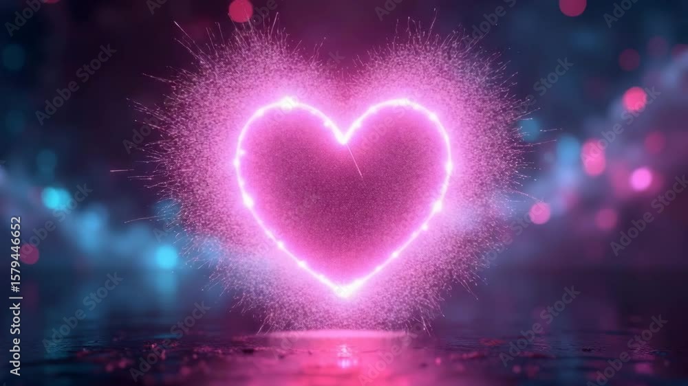 Glowing pink heart in abstract neon style with sparkling effects  