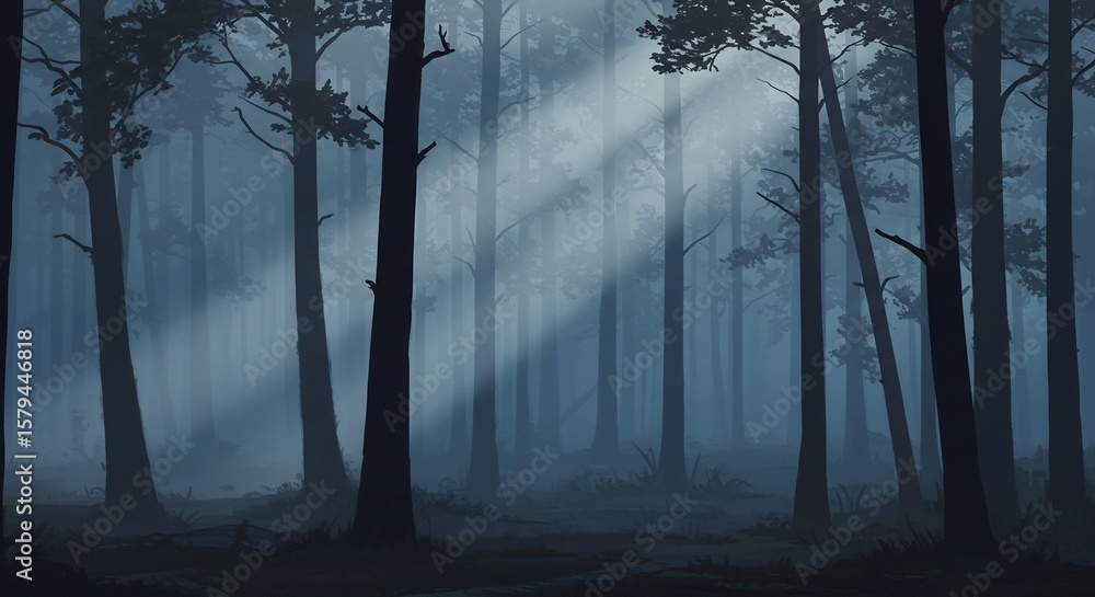 Obraz premium Ethereal Forest: Misty Woods with Sunbeams, Dark Silhouettes, and Atmospheric Depth