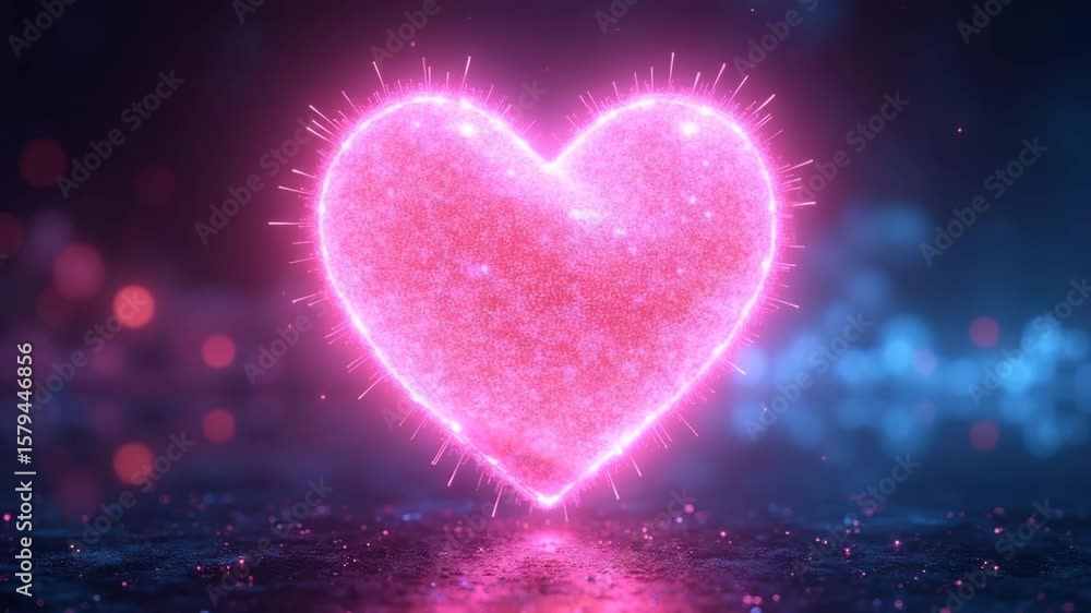 Glowing pink heart symbol on dark background with sparkles  