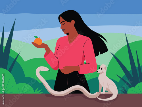 Woman with Fruit, Snake, and Fox in Flat Vector Illustration Symbolic Scene in Nature, temptation concept