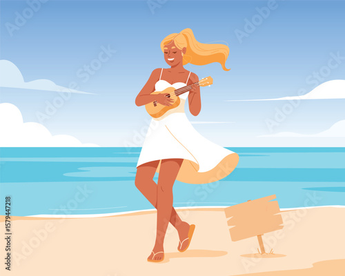 Cheerful Woman Playing Ukulele on a Sunny Beach A Vibrant Flat Vector Illustration of Coastal Lifestyle with Music and Relaxation
