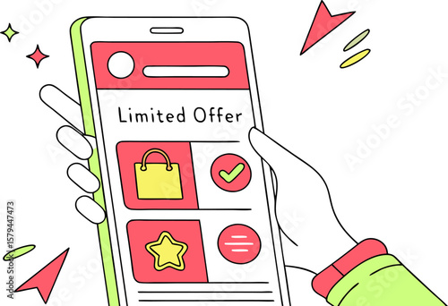 Illustration of a man using a planner app on a large mobile phone with a location pin and plant nearby