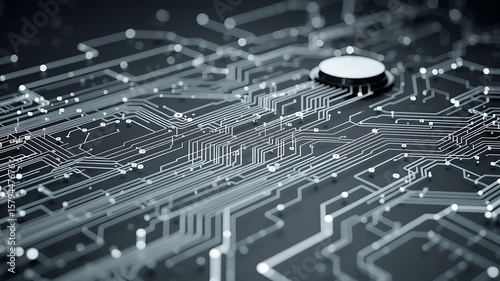 Abstract close up view of a complex digital circuit board with glowing white lines and a prominent circular component