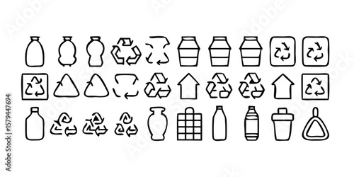 Mega Set of Plastic Recycling Line Icons on transparent background