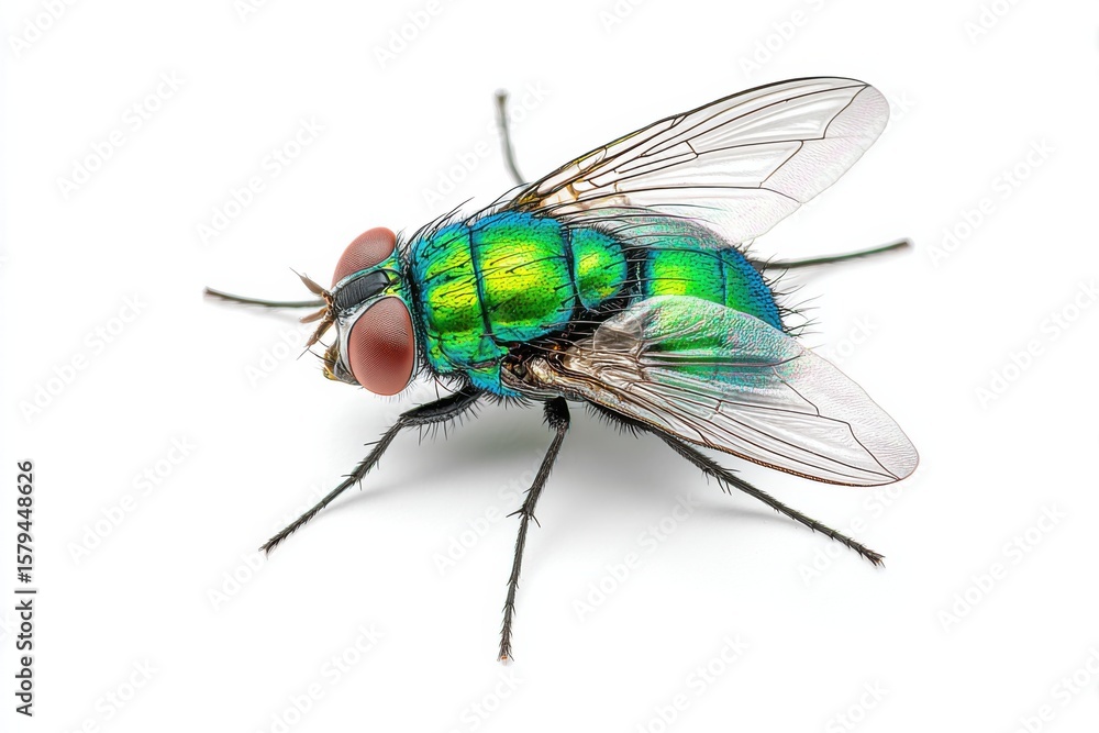 Fototapeta premium New World screwworm fly, showcasing vibrant green body and intricate wing structure, perched on a surface, highlighting its unique features and ecological significance