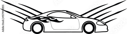 Stylized Car Illustration with Speed Lines and Flame Detail a Dynamic and Striking Automotive Design Concept Depicting Speed