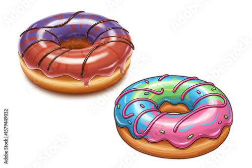 Two colorful frosted donuts with assorted glaze, ready for sweet treats and dessert-themed designs or delectable food and bakery illustrations.
