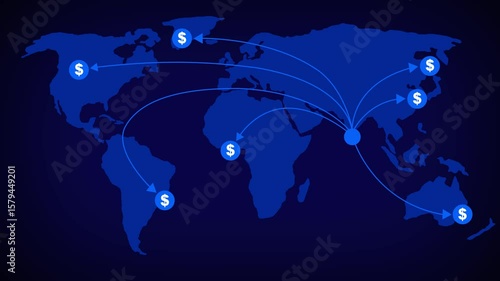 Global currencies exchange on abstract digital world map background. Stock market investment and trading concept. Transfer money technology and CBDC payments worldwide.