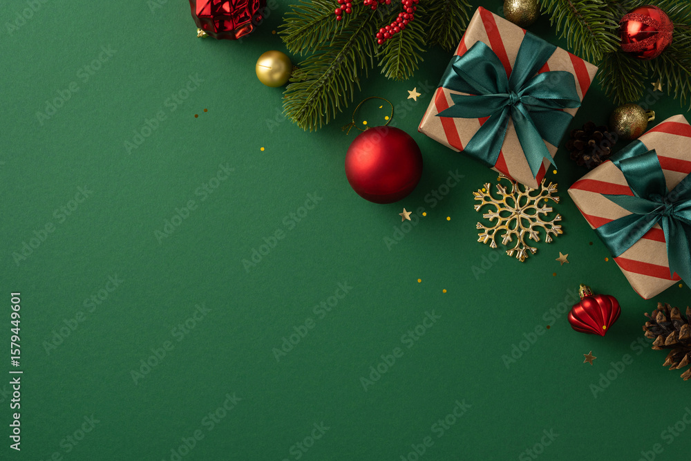Fototapeta premium Celebrate the holiday season with neatly wrapped gifts and colorful decorations on a green backdrop