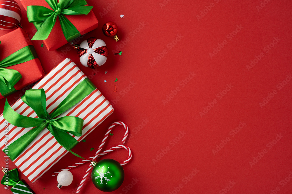 Fototapeta premium Festive scene featuring wrapped Christmas presents, green ribbons, candy canes, and ornaments. Perfect for celebrating holiday joy and festive decor
