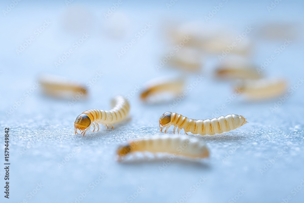 Fototapeta premium New World screwworm fly larvae crawling on a smooth surface, showcasing their elongated bodies and distinct coloration, highlighting their role in the ecosystem and potential agricultural impact